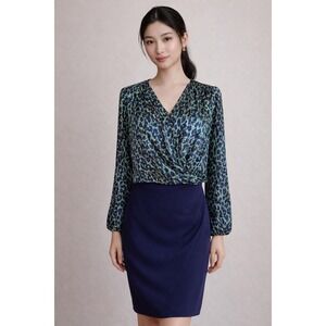 Shanghai Tang Mulberry Silk Blue Leopard Print Wrap Dress Luxe US 8